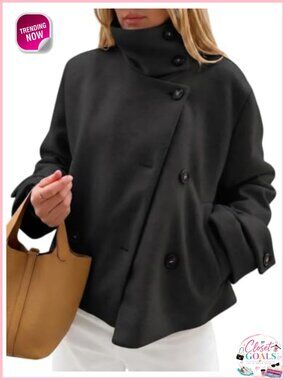 Faux Wool Crop Pea Coat Button Down High Neck Short Winter Coat